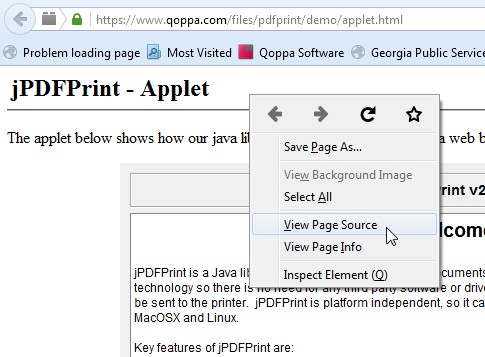 How to show the HTML source code of an applet